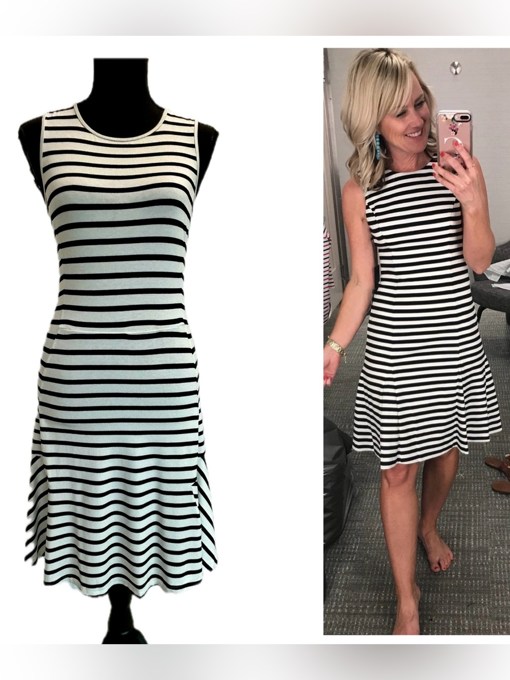 Sleeveless Black & White Striped A-Line Dress